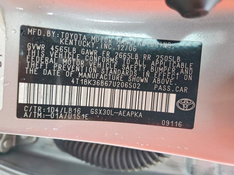 51549986 :رقم المزاد ، 4T1BK36B67U206502 vin ، 2007 Toyota Avalon مزاد بيع