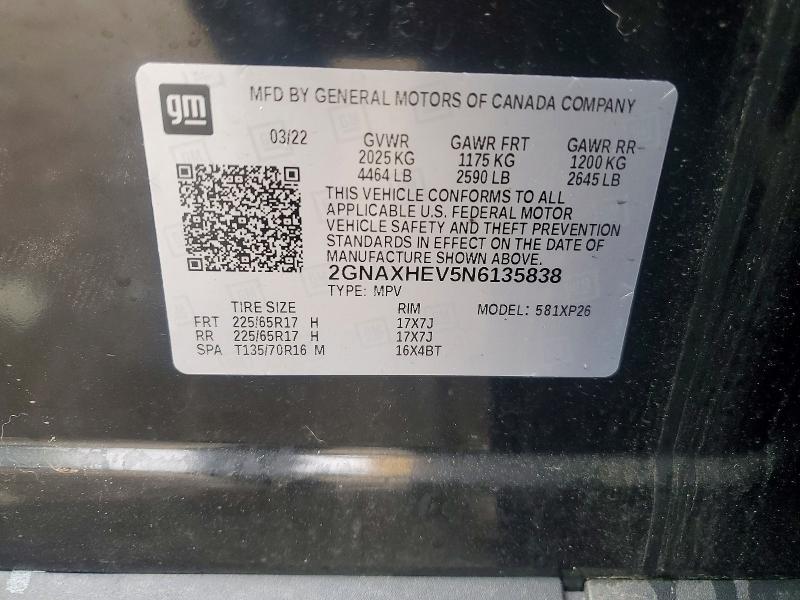 2022 Chevrolet Equinox მანქანა იყიდება აუქციონზე, vin: 2GNAXHEV5N6135838, აუქციონის ნომერი: 50115446