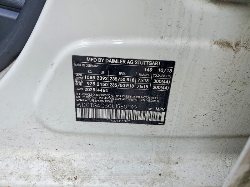 48975046 :رقم المزاد ، WDCTG4GB0KJ580199 vin ، 2019 Mercedes-benz Gla مزاد بيع