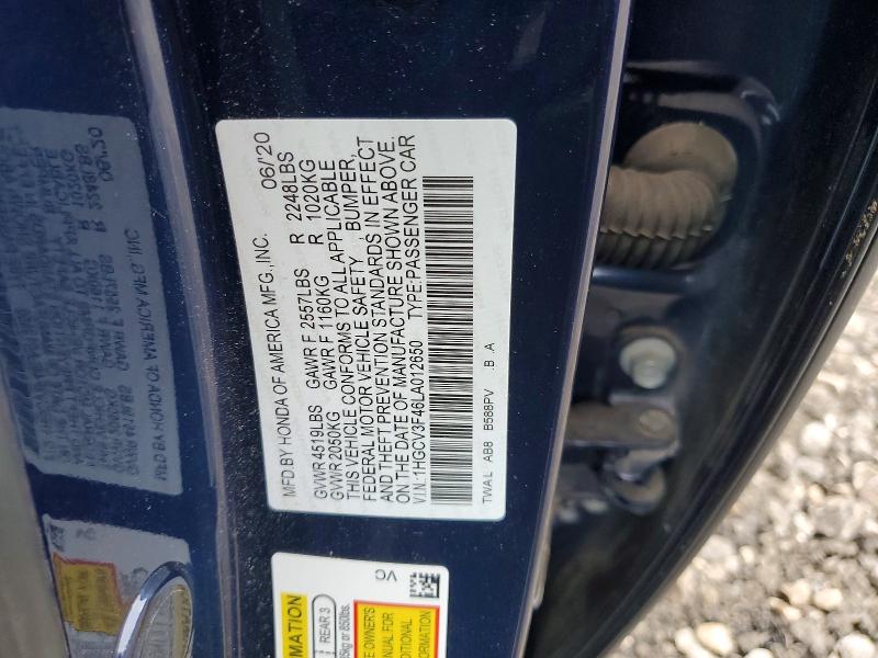 Продаж на аукціоні авто 2020 Honda Accord, vin: 1HGCV3F46LA012650, номер лоту: 51316596