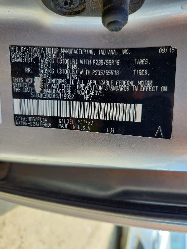 Продаж на аукціоні авто 2015 Toyota Sienna, vin: 5TDJK3DC0FS119922, номер лоту: 51663816