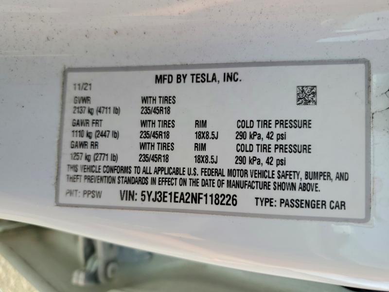 Aukcja sprzedaży 2022 Tesla Model 3, vin: 5YJ3E1EA2NF118226, numer aukcji: 49740696
