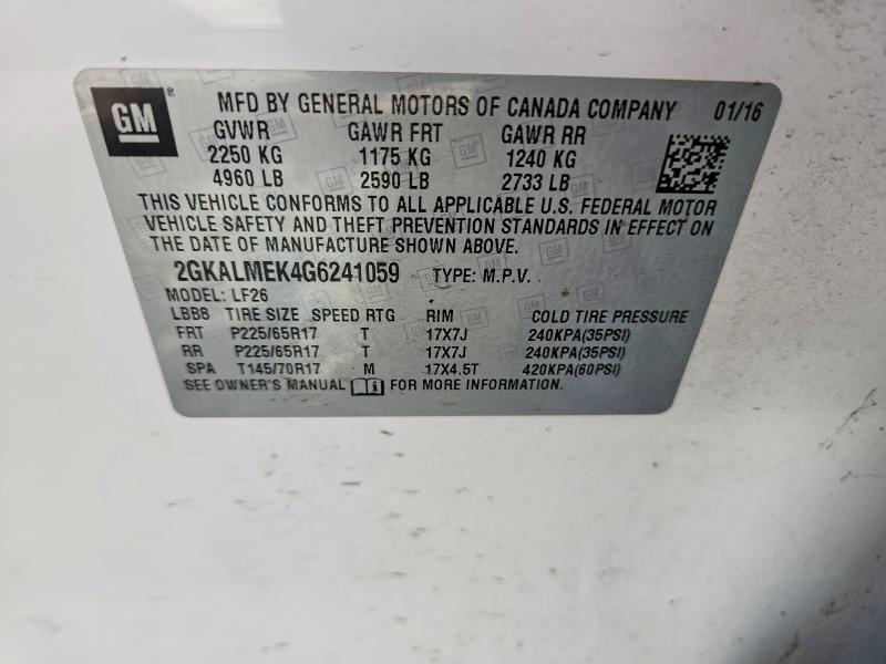 2016 Gmc Terrain მანქანა იყიდება აუქციონზე, vin: 2GKALMEK4G6241059, აუქციონის ნომერი: 50560726