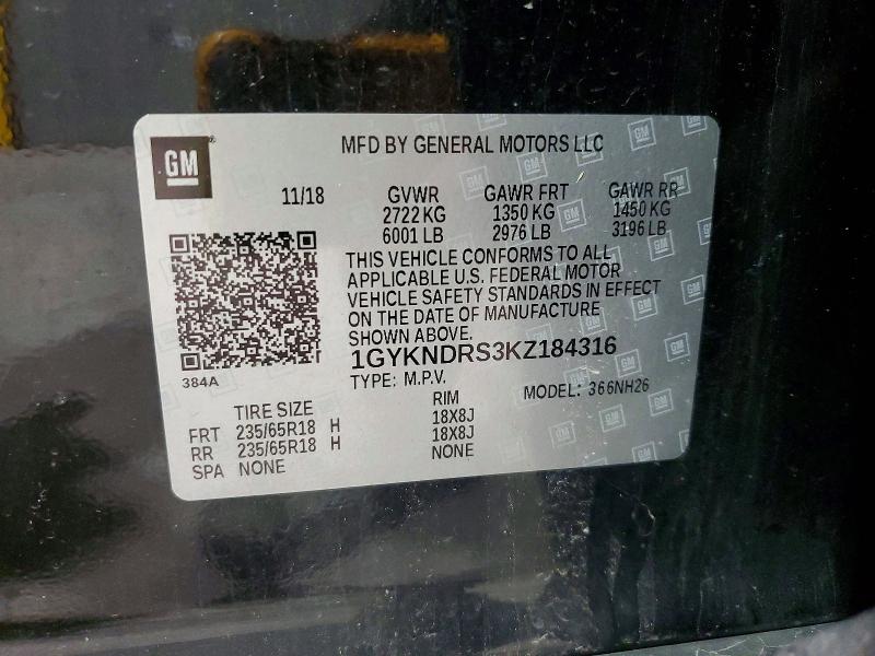 49011806 :رقم المزاد ، 1GYKNDRS3KZ184316 vin ، 2019 Cadillac Xt5 مزاد بيع