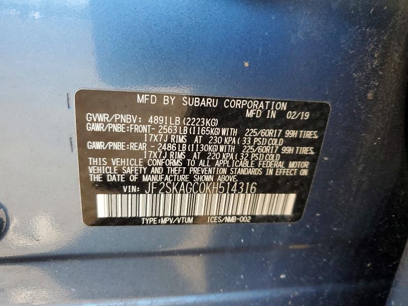 Продаж на аукціоні авто 2019 Subaru Forester, vin: JF2SKAGC0KH514316, номер лоту: 49454326