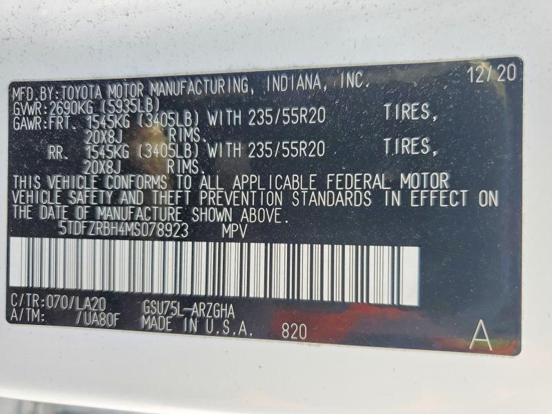 Aukcja sprzedaży 2021 Toyota Highlander, vin: 5TDFZRBH4MS078923, numer aukcji: 50299176