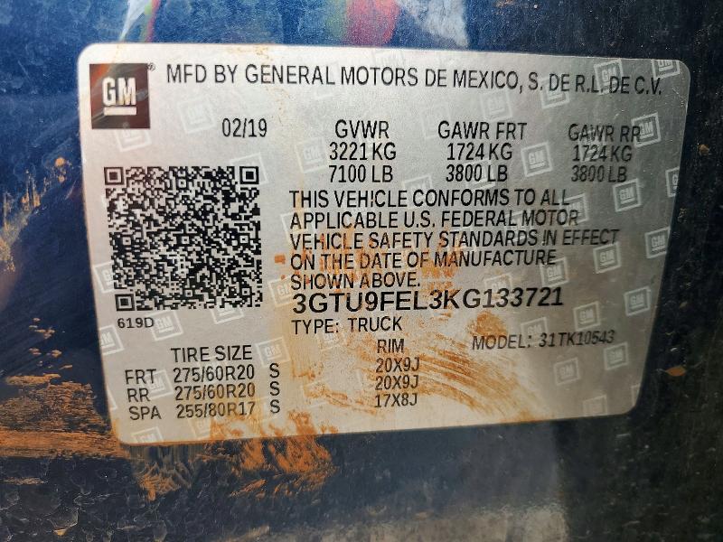 Aukcja sprzedaży 2019 Gmc Sierra, vin: 3GTU9FEL3KG133721, numer aukcji: 49932826