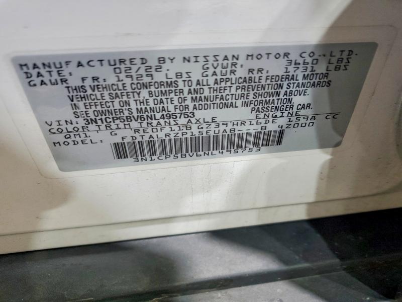 50146016 :رقم المزاد ، 3N1CP5BV6NL495753 vin ، 2022 Nissan Kicks مزاد بيع