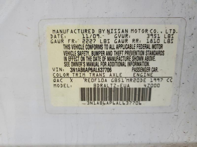 2010 Nissan Sentra მანქანა იყიდება აუქციონზე, vin: 3N1AB6AP6AL637706, აუქციონის ნომერი: 50280476
