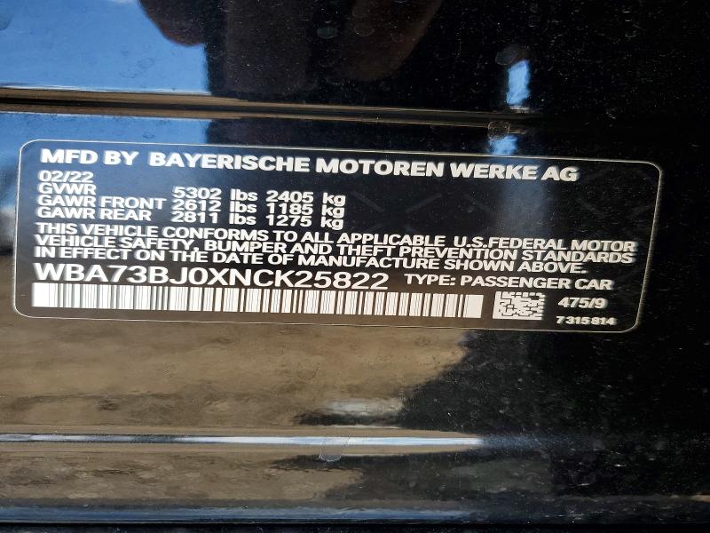48895026 :رقم المزاد ، WBA73BJ0XNCK25822 vin ، 2022 Bmw 540 مزاد بيع