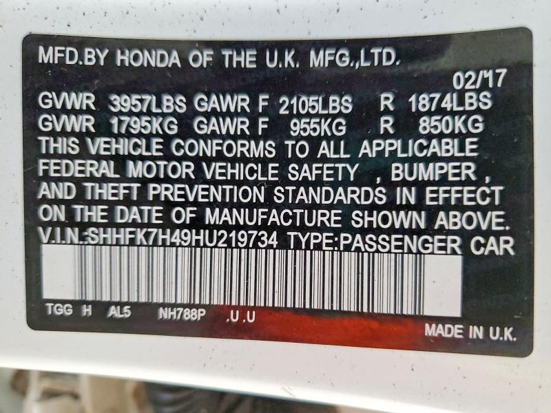 51356836 :رقم المزاد ، SHHFK7H49HU219734 vin ، 2017 Honda Civic مزاد بيع
