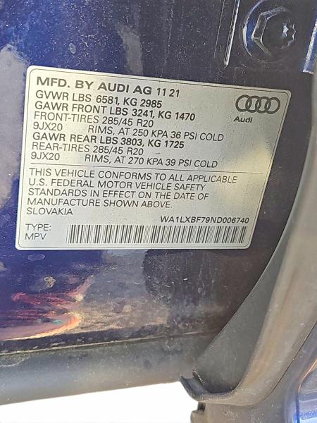 Aukcja sprzedaży 2022 Audi Q7, vin: WA1LXBF79ND006740, numer aukcji: 49981096
