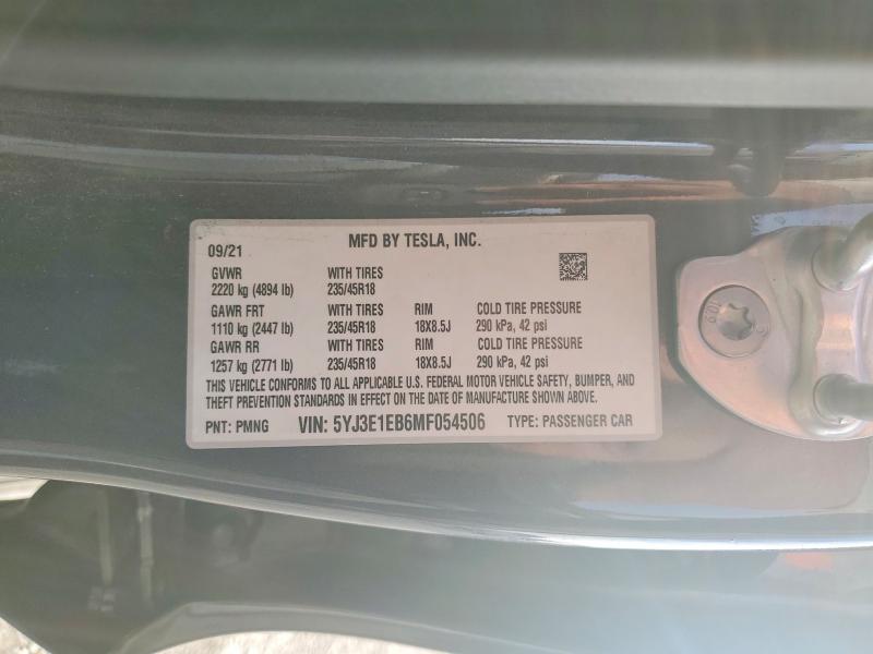 Продажа на аукционе авто 2021 Tesla Model 3, vin: 5YJ3E1EB6MF054506, номер лота: 51896526