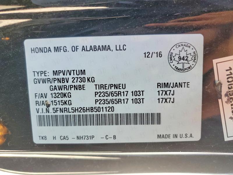 51339246 :رقم المزاد ، 5FNRL5H26HB501120 vin ، 2017 Honda Odyssey مزاد بيع