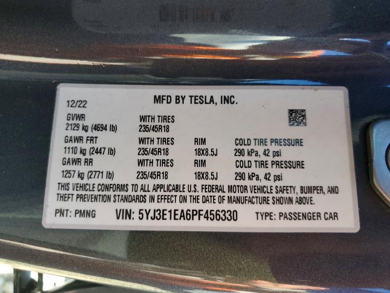 49000286 :رقم المزاد ، 5YJ3E1EA6PF456330 vin ، 2023 Tesla Model 3 مزاد بيع