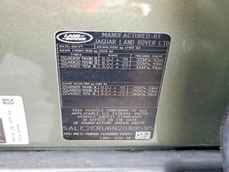 Aukcja sprzedaży 2022 Land Rover Defender, vin: SALE2ERU6N2089595, numer aukcji: 48855886