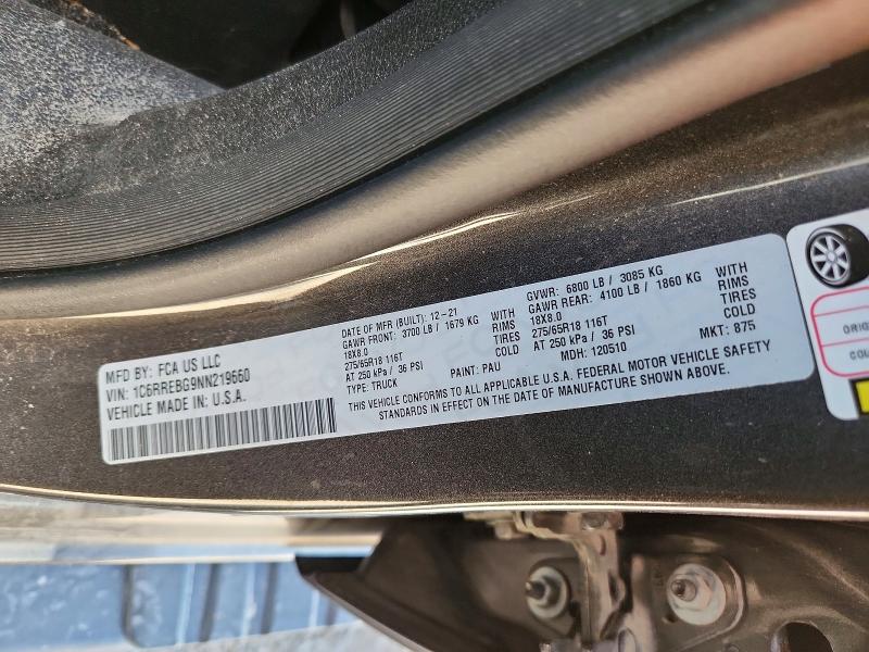 2022 Ram 1500 მანქანა იყიდება აუქციონზე, vin: 1C6RREBG9NN219660, აუქციონის ნომერი: 50338596