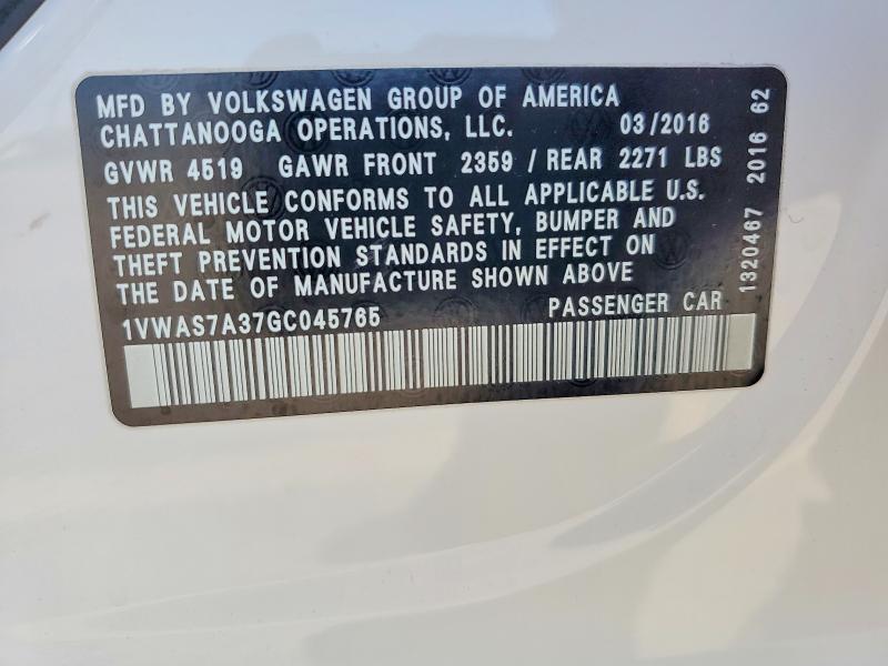Продажа на аукционе авто 2016 Volkswagen Passat, vin: 1VWAS7A37GC045765, номер лота: 50419896