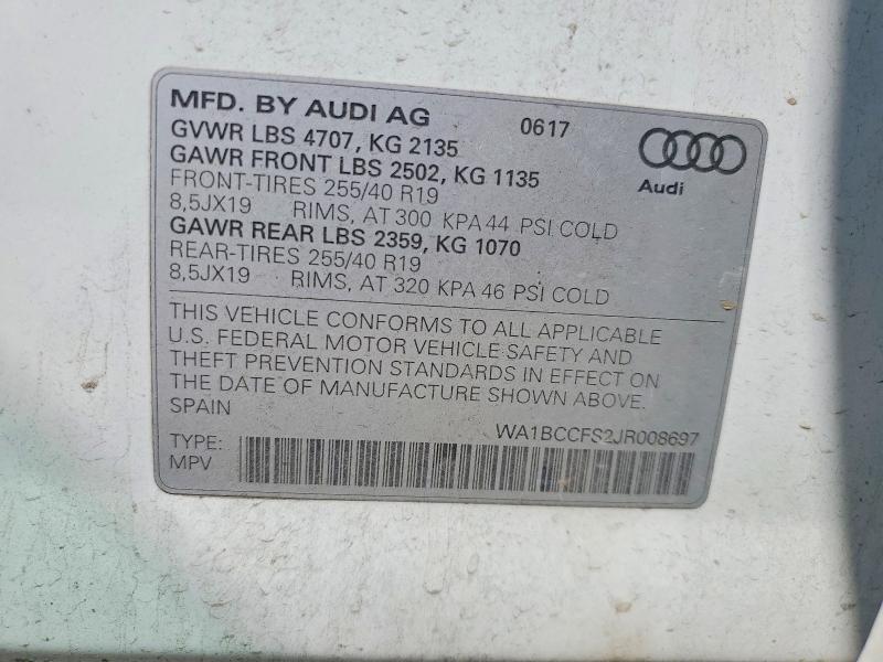 49675666 :رقم المزاد ، WA1BCCFS2JR008697 vin ، 2018 Audi Q3 مزاد بيع