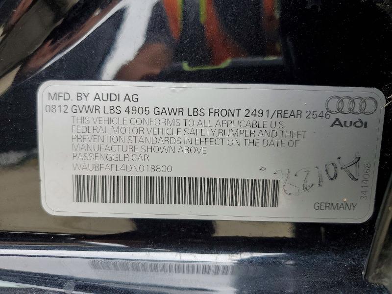 2013 Audi A4 მანქანა იყიდება აუქციონზე, vin: WAUBFAFL4DN018800, აუქციონის ნომერი: 48530436