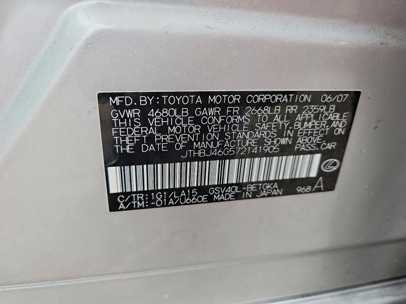 Aukcja sprzedaży 2007 Lexus Es, vin: JTHBJ46G572141905, numer aukcji: 49705496