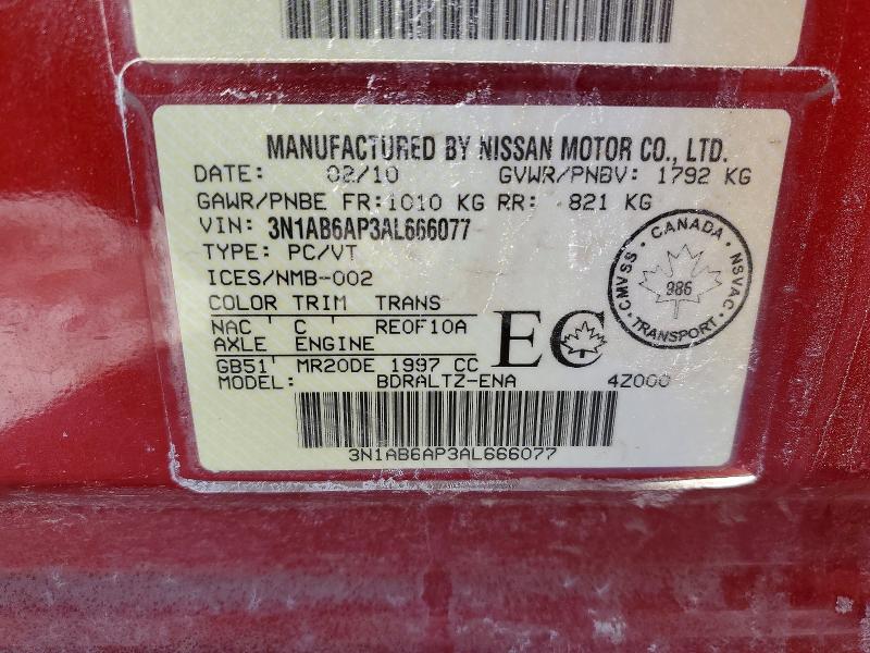 48261016 :رقم المزاد ، 3N1AB6AP3AL666077 vin ، 2010 Nissan Sentra مزاد بيع