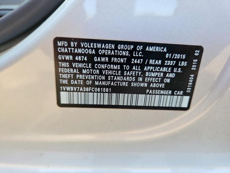 Aukcja sprzedaży 2015 Volkswagen Passat, vin: 1VWBV7A38FC061581, numer aukcji: 50944046