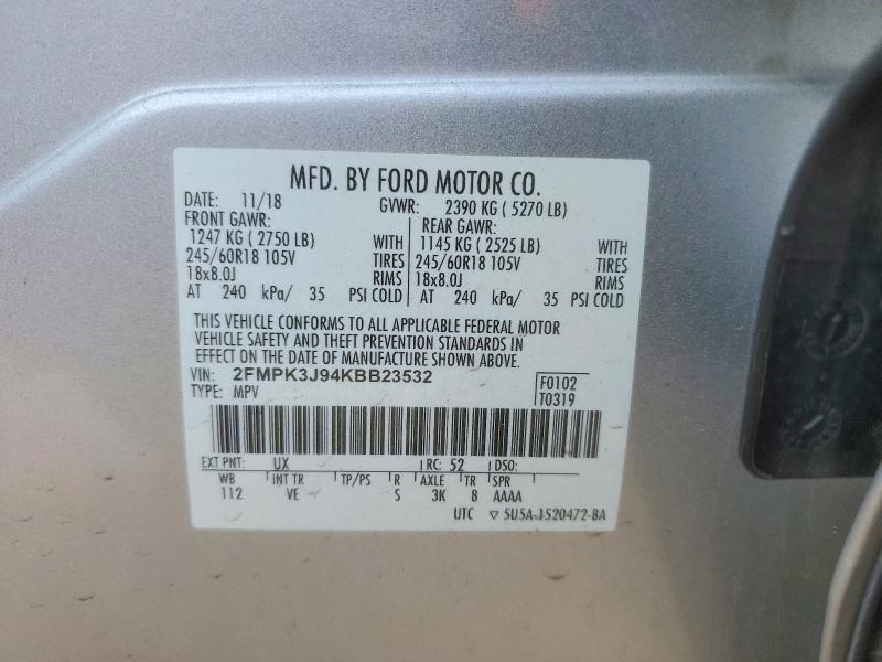 49579526 :رقم المزاد ، 2FMPK3J94KBB23532 vin ، 2019 Ford Edge مزاد بيع