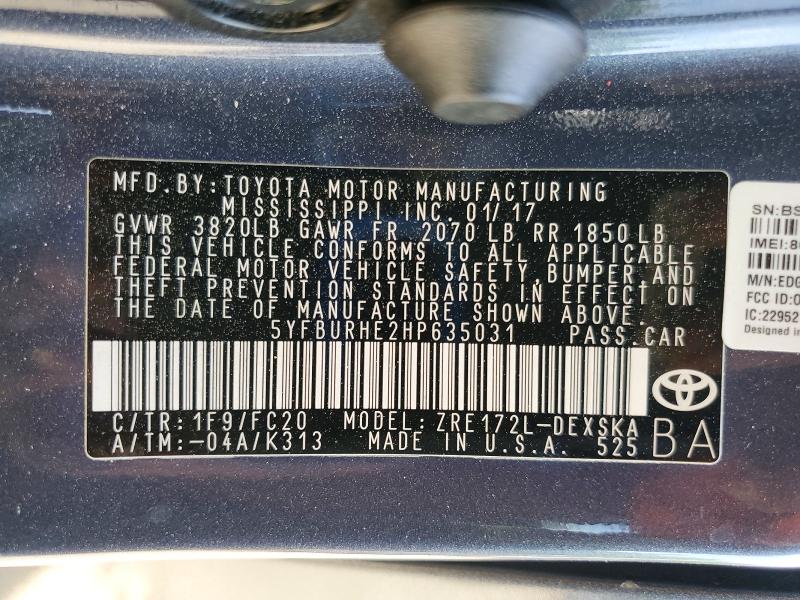 49770436 :رقم المزاد ، 5YFBURHE2HP635031 vin ، 2017 Toyota Corolla مزاد بيع