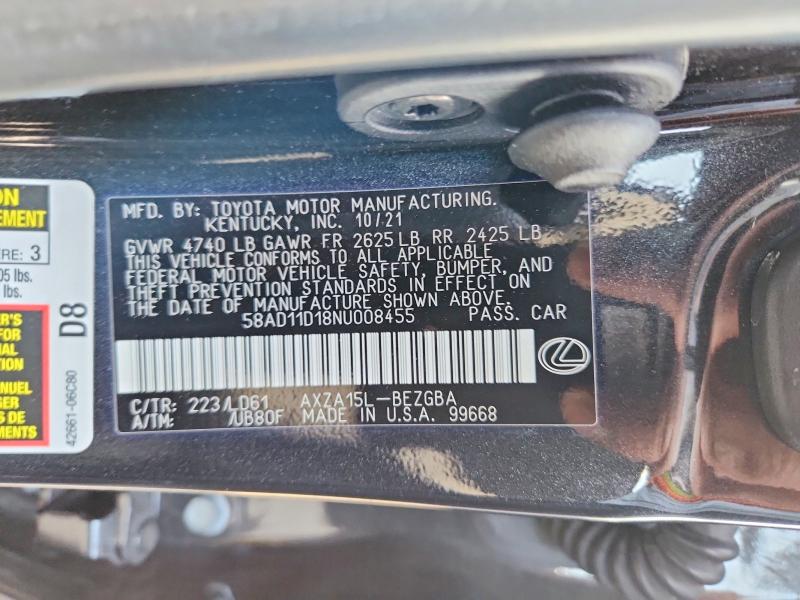 50592076 :رقم المزاد ، 58AD11D18NU008455 vin ، 2022 Lexus Es 250 مزاد بيع