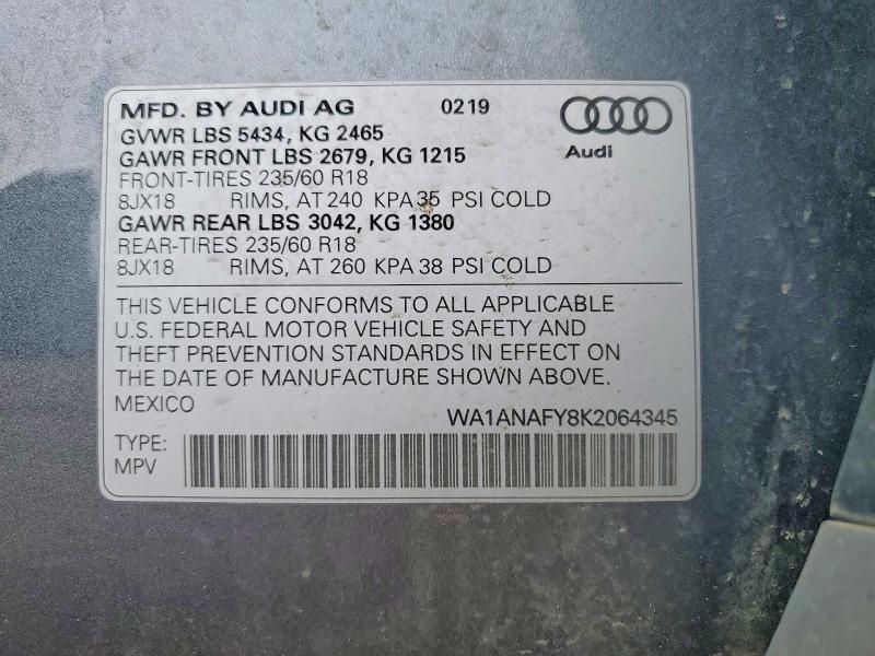 2019 Audi Q5 მანქანა იყიდება აუქციონზე, vin: WA1ANAFY8K2064345, აუქციონის ნომერი: 50297766