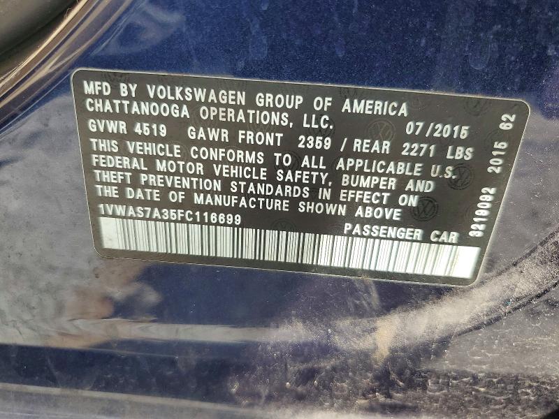 48954926 :رقم المزاد ، 1VWAS7A35FC116699 vin ، 2015 Volkswagen Passat مزاد بيع