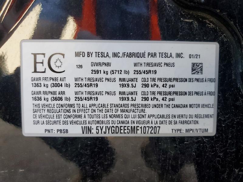 49957196 :رقم المزاد ، 5YJYGDEE5MF107207 vin ، 2021 Tesla Truck/van Model Y 75d Long Ran مزاد بيع
