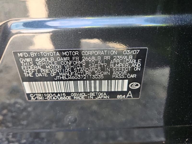 49671256 :رقم المزاد ، JTHBJ46G372113035 vin ، 2007 Lexus Es مزاد بيع