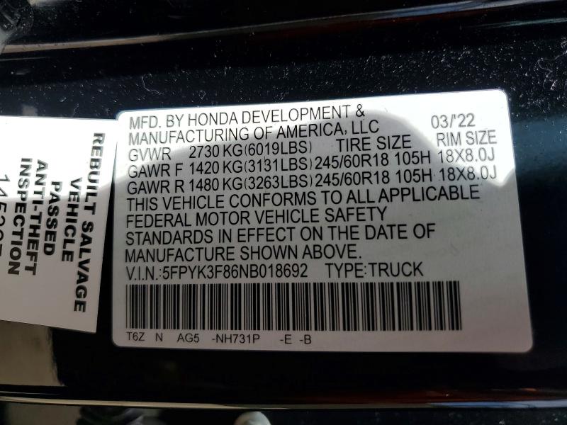 Продажа на аукционе авто 2022 Honda Ridgeline, vin: 5FPYK3F86NB018692, номер лота: 47838156