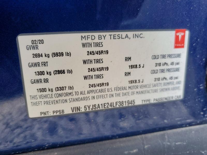 49246746 :رقم المزاد ، 5YJSA1E24LF381945 vin ، 2020 Tesla Model S مزاد بيع