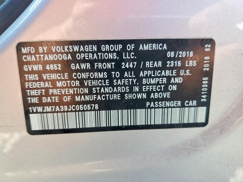 2018 Volkswagen Passat მანქანა იყიდება აუქციონზე, vin: 1VWJM7A39JC050578, აუქციონის ნომერი: 50193716