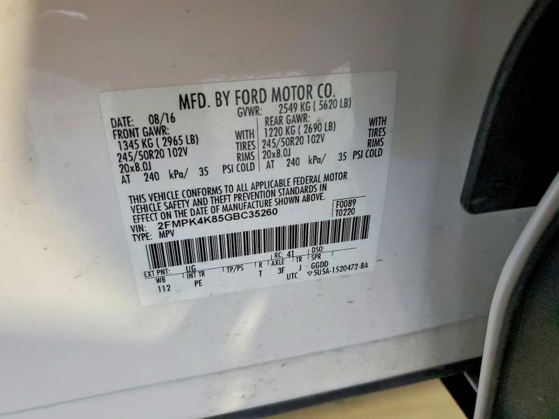 2016 Ford Edge მანქანა იყიდება აუქციონზე, vin: 2FMPK4K85GBC35260, აუქციონის ნომერი: 50438366