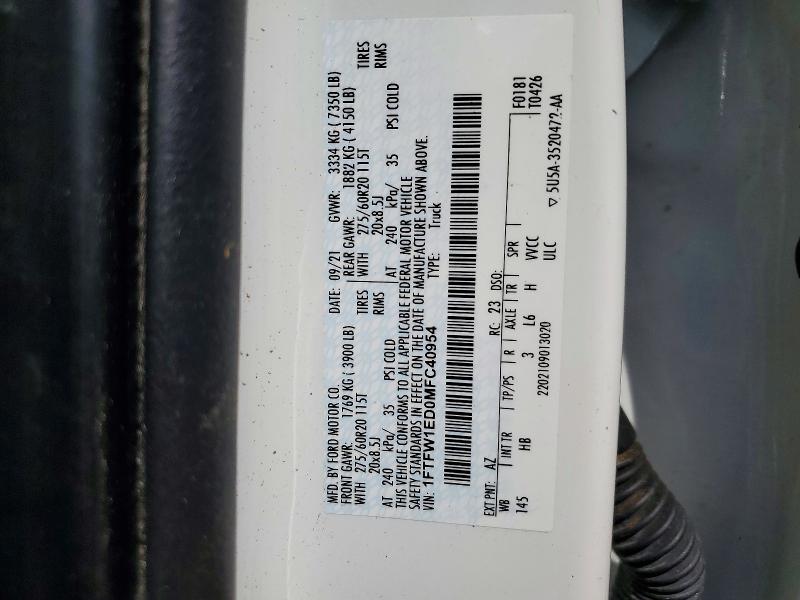 2021 Ford F150 მანქანა იყიდება აუქციონზე, vin: 1FTFW1ED0MFC40954, აუქციონის ნომერი: 51595136