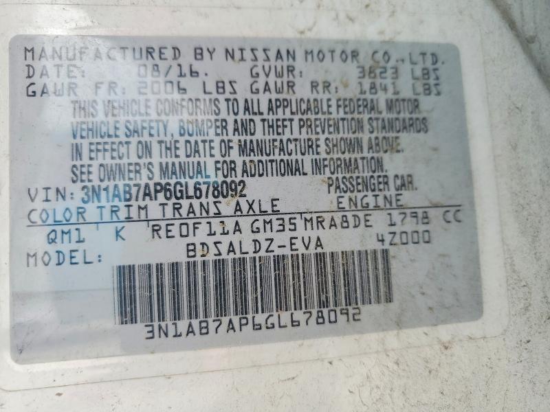 2016 Nissan Sentra მანქანა იყიდება აუქციონზე, vin: 3N1AB7AP6GL678092, აუქციონის ნომერი: 49598526