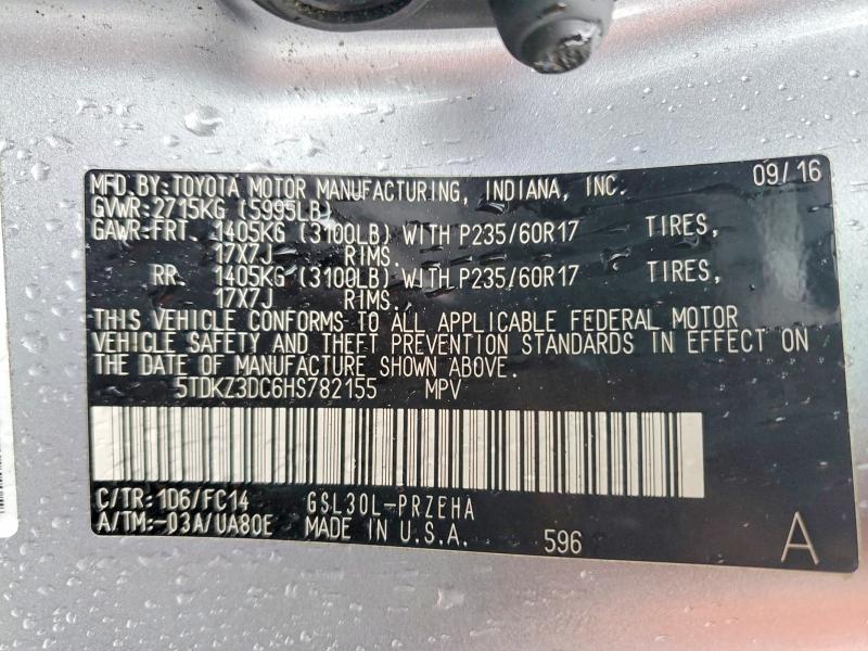 Aukcja sprzedaży 2017 Toyota Sienna, vin: 5TDKZ3DC6HS782155, numer aukcji: 51831776