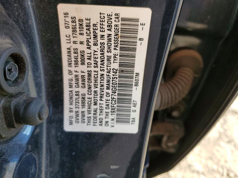 2016 Honda Civic მანქანა იყიდება აუქციონზე, vin: 19XFC2F74GE075142, აუქციონის ნომერი: 48981306