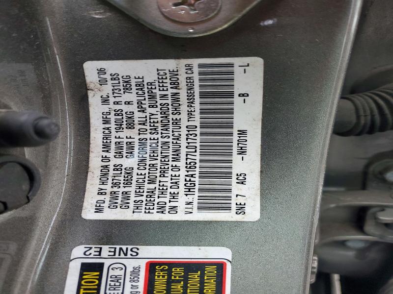 2007 Honda Civic მანქანა იყიდება აუქციონზე, vin: 1HGFA16577L017310, აუქციონის ნომერი: 50996116