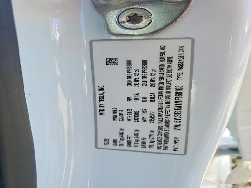 49927916 :رقم المزاد ، 5YJ3E1EA1MF868103 vin ، 2021 Tesla Model 3 مزاد بيع