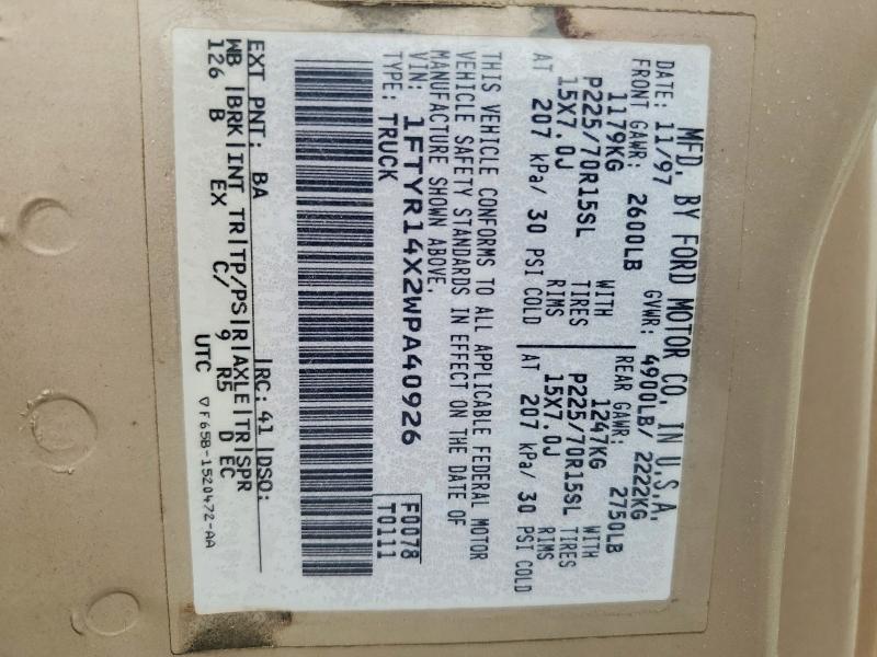 1998 Ford Ranger მანქანა იყიდება აუქციონზე, vin: 1FTYR14X2WPA40926, აუქციონის ნომერი: 51334476