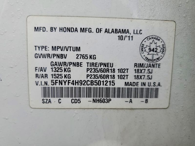 Продаж на аукціоні авто 2012 Honda Pilot, vin: 5FNYF4H92CB501215, номер лоту: 49296026