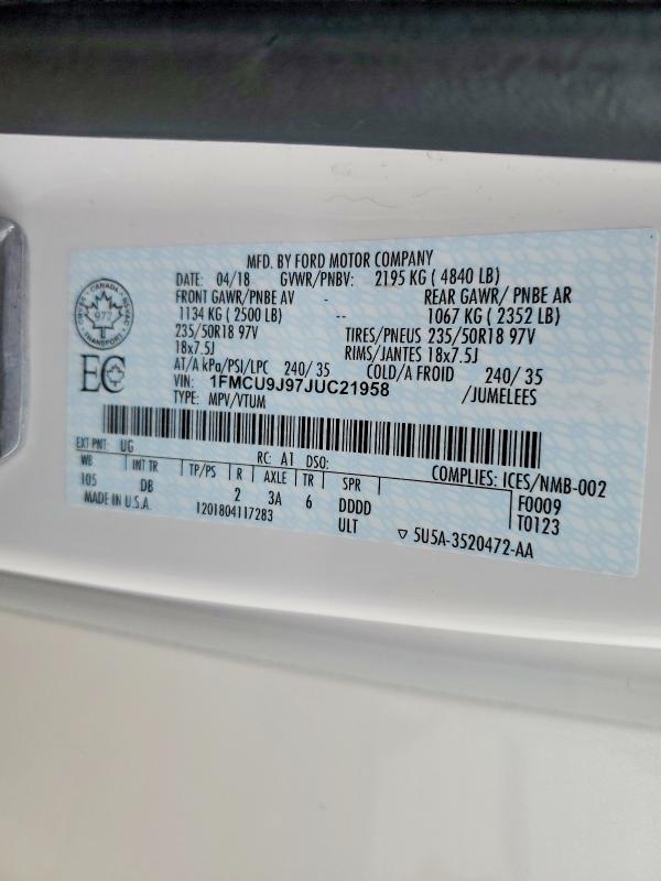 Продажа на аукционе авто 2018 Ford Escape, vin: 1FMCU9J97JUC21958, номер лота: 50697856