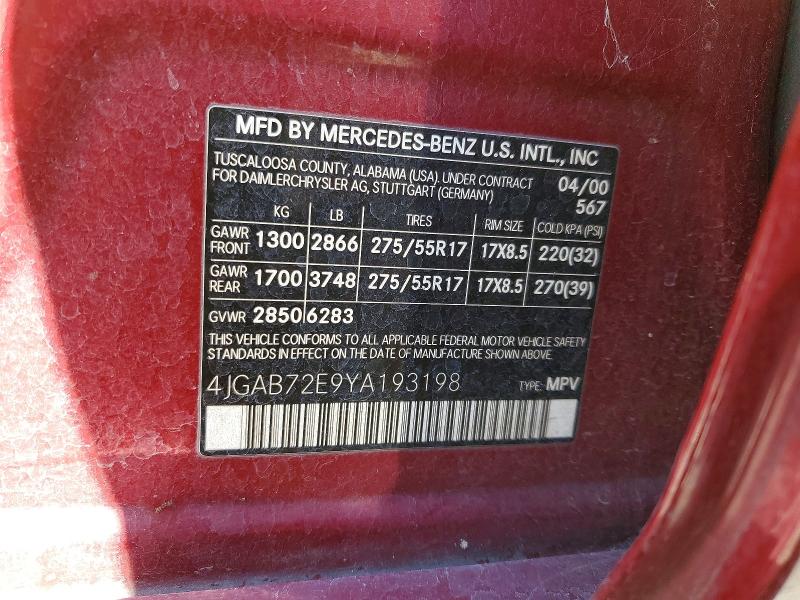 Aukcja sprzedaży 2000 Mercedes-benz Ml, vin: 4JGAB72E9YA193198, numer aukcji: 50679896