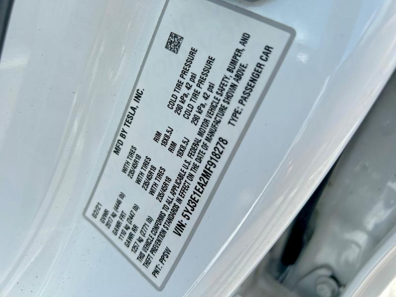 Aukcja sprzedaży 2021 Tesla Model 3, vin: 5YJ3E1EA2MF918278, numer aukcji: 48962036