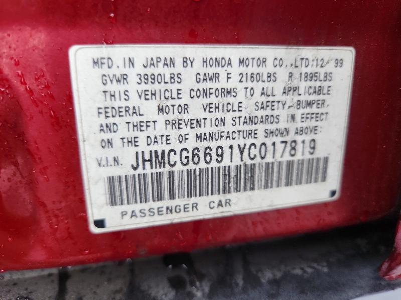 Aukcja sprzedaży 2000 Honda Accord, vin: JHMCG6691YC017819, numer aukcji: 49196356